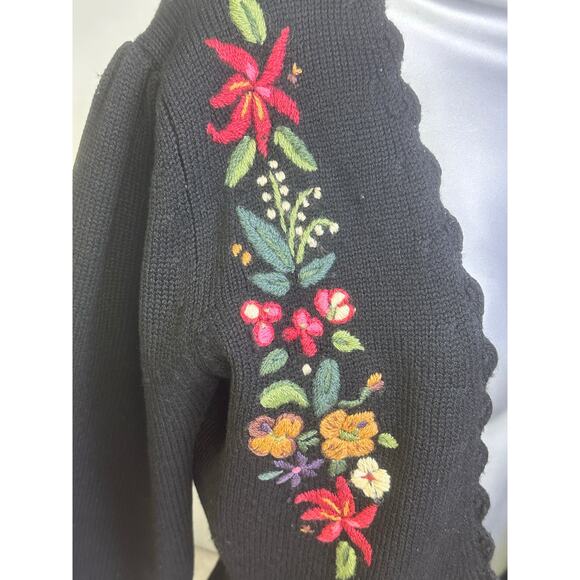 Herman Geist Embroidered Black Lambswool Cardigan Sweater Floral Accents-Medium - Picture 2 of 8